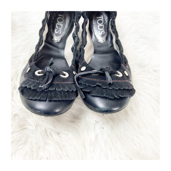Tod's Size 9 Black Women's Leather Fringe Round Toe Ballet Driving Flat Shoes - Picture 6 of 13